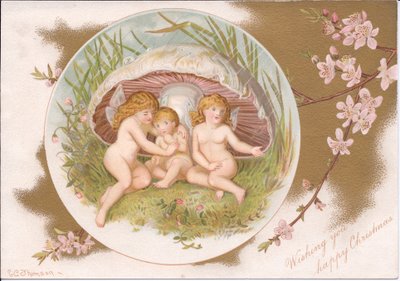 Una Navidad victoriana de un grupo de hadas resguardándose de la lluvia bajo una seta, por Gertrude Thompson, c.1895 (litografía en color) de E. Gertrude Thompson
