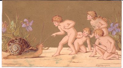 Tarjeta de felicitación victoriana de cuatro hadas desnudas burlándose de un caracol sobre un fondo dorado, por Gertude Thompson, c.1895 (litografía en color) de E. Gertrude Thompson