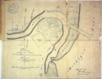 Mapa de la desembocadura del río Chicago, Illinois con el plan de los muelles propuestos para mejorar el puerto, 1830 de E. Harrison