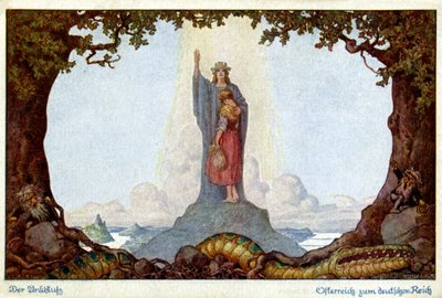 Historia. Unión de Austria y Alemania. Alegoría de E. Kutzer, Austria, c.1920 (tarjeta postal) de E. Kutzer