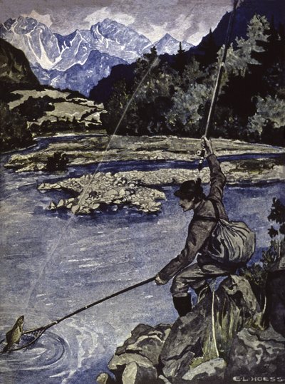 Pescando en un río, c.1900 (ilustración) de E. L. Hoess