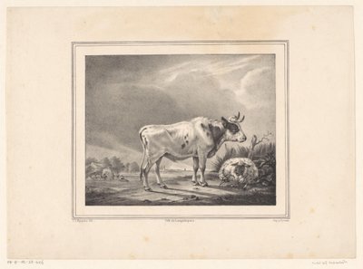 Vaca de pie y ovejas acostadas en el paisaje de E. L. Huygens (possibly)