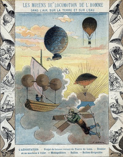 Aerostación - Proyecto de barco volador de Pierre de Lana - Aeronave voladora de Besnier (1678) - Globo - Globo - Globo dirigible - ilustración de E Letellier - Proteger cuaderno histórico, finales del siglo XIX de E. Letellier