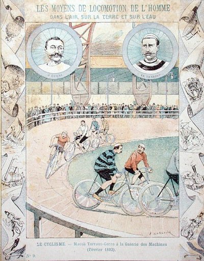 Charles Terront y Jules Corre en la Galerie des Machines en febrero de 1893, de un libro escolar de E. Letellier
