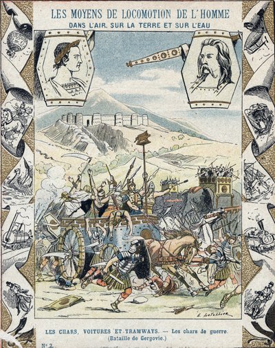 Carros de guerra galos en la Batalla de Gergovia - De una funda protectora para libros escolares, finales del siglo XIX - Carros de guerra a guadaña - Vercingétorix en la batalla de Gergovia (52 a.C.) durante la guerra de las Galias - ilustración de E Lete de E. Letellier