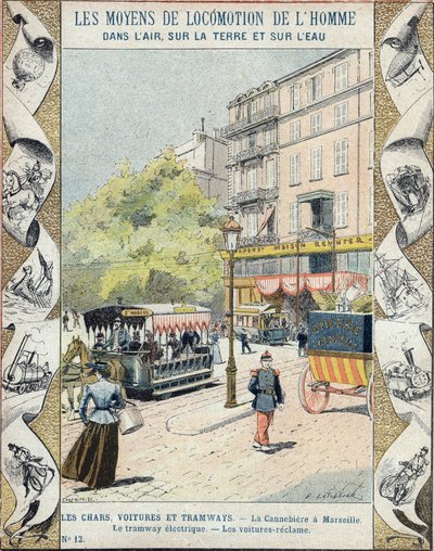 La Canebière en Marsella - el tranvía eléctrico - los coches reclaman - ilustración de E Letellier - Protege cuaderno histórico, finales del siglo XIX de E. Letellier