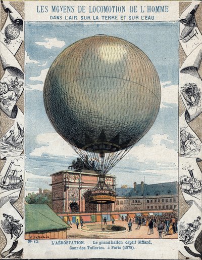 Operación de inflado y equipamiento del globo cautivo de Henry Giffard en las Tullerías en París 1878 - De una funda protectora para libros escolares, finales del siglo XIX - ilustración de E Letellier - exposición universal de 1878 en París: inflado de de E. Letellier