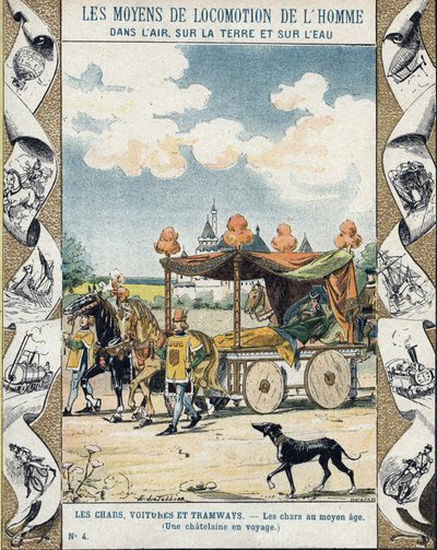 Tanques en la Edad Media - Una Chatelaine en viaje - ilustración por E Letellier - Cuaderno histórico protegido, finales del siglo XIX de E. Letellier