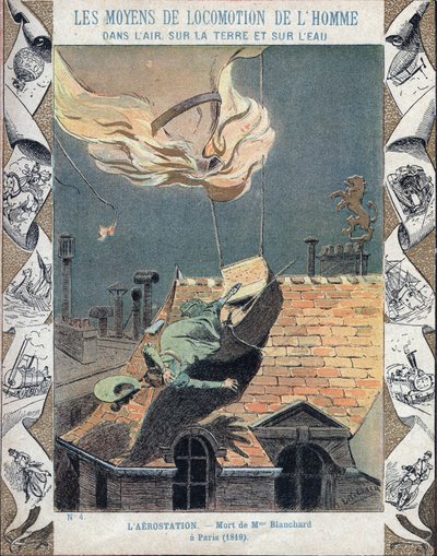 La muerte de Marie Blanchard, esposa del aeronauta Jean Pierre Blanchard, cuando su globo se incendió durante una demostración sobre París, 6 de junio de 1819 - De una funda protectora para libros escolares, finales del siglo XIX - Muerte de Madame Blancha de E. Letellier
