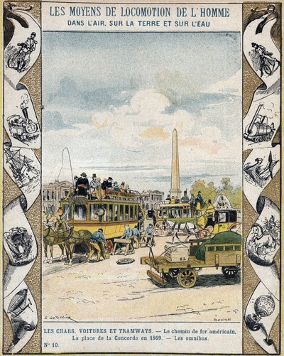 Tráfico en la Plaza de la Concordia en París en 1869: ómnibus tirado por caballos y 