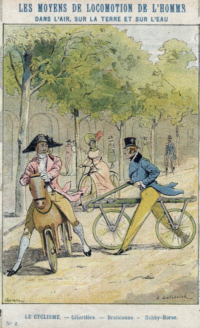 Velocípedos - Celerífero inglés - Draisiana, antecesor de la bicicleta - De una funda protectora para libros escolares, finales del siglo XIX - ilustración de E Letellier - Celerífero - Draisiana - Caballo de madera (Nobby Horse) - Proteger cuaderno histór de E. Letellier