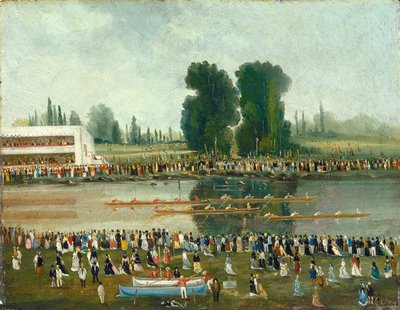 Escena de remo: Multitudes observando desde las orillas del río de E. Levy