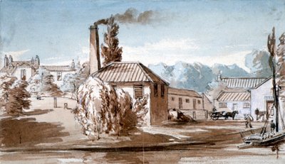 Vista de las fábricas de almidón Stephenson y Giles en Old Ford, Bow, Londres, c. 1830 de E Noyce