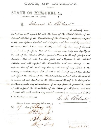 Juramento de lealtad de Edward E. Roberts de Missouri, Condado de St. Louis de E. Roberts