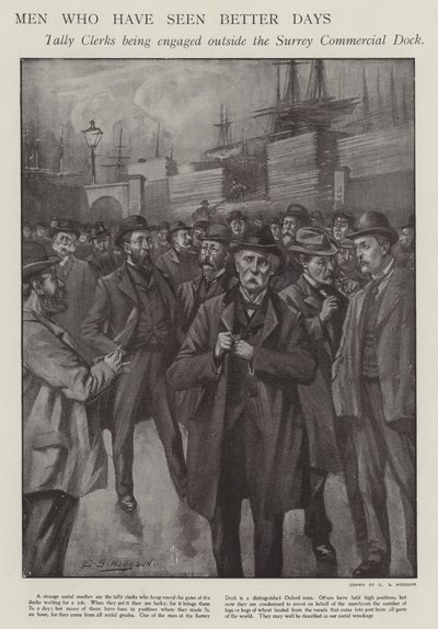 Hombres que han visto mejores días: empleados de tally siendo contratados fuera del Surrey Commercial Dock, Londres de E. S. (after) Hodgson