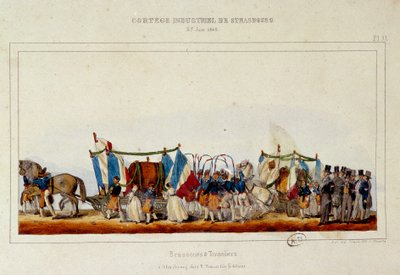 La danza de cerveceros y toneleros durante el cortejo industrial en Estrasburgo el 25/06/1840. Litografía de Simon de E. Simon