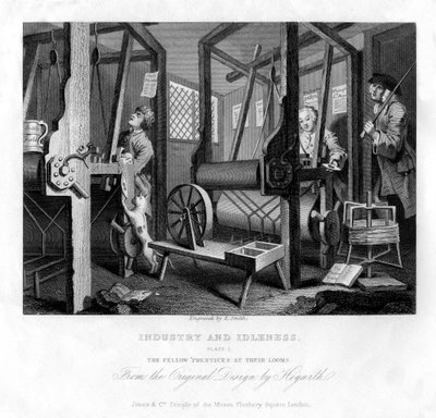 Los compañeros aprendices en sus telares, placa I de Industria y Ociosidad, 1833 de E. Smith