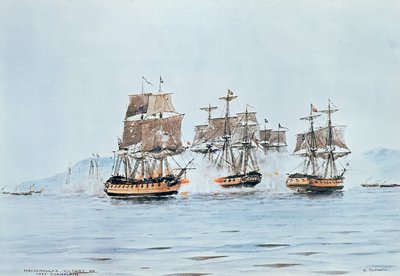 El Comodoro Macdonough en el Saratoga derrota a los británicos, Batalla del Lago Champlain de E. Tufnell