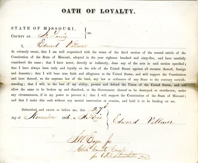 Juramento de lealtad de Edward Villmer de Missouri, Condado de St. Louis de E. Villmer