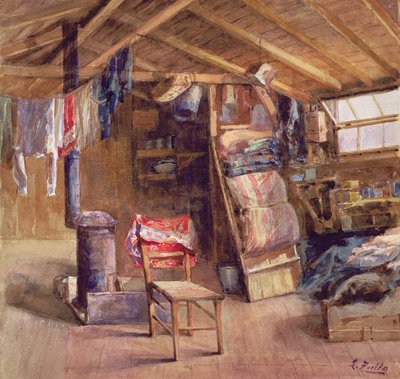 Interior de una buhardilla, c.1860 (acuarela sobre papel) de E. Zoello
