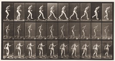Placa 176. Cruzando arroyo sobre piedras con caña de pescar y cesta de Eadweard Muybridge