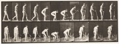Placa 219. Agachándose y levantando escoba y barriendo de Eadweard Muybridge