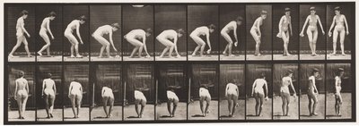 Placa 220. Agachándose y levantando un pañuelo y girando de Eadweard Muybridge