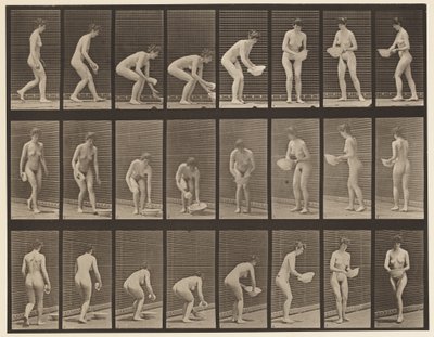 Placa 223. Agachándose y levantando una palangana, limpiándola y girando de Eadweard Muybridge