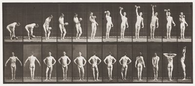 Placa 321. A, Levantando una pesa de 50 lb; B, Posando de Eadweard Muybridge