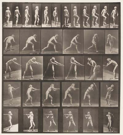 Placa 521. A, Caminando; B, Subiendo escalón; C, Lanzando disco de Eadweard Muybridge