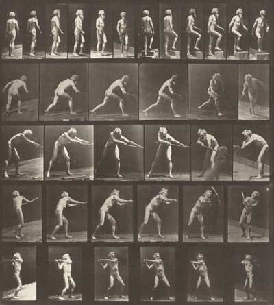 Placa número 521. A: Caminando. B: Subiendo un escalón. C: Lanzando el disco. D: Usando una pala. E, F: Usando un pico de Eadweard Muybridge