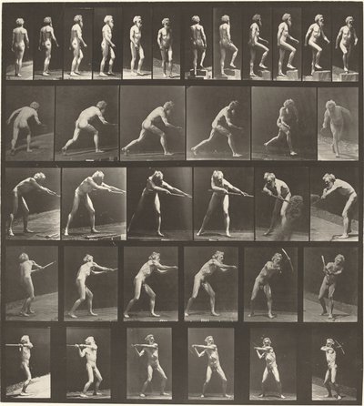 Placa número 521. A: Caminando. B: Subiendo escalón. C: Lanzando disco. D: Usando pala. E, F: Usando pico de Eadweard Muybridge