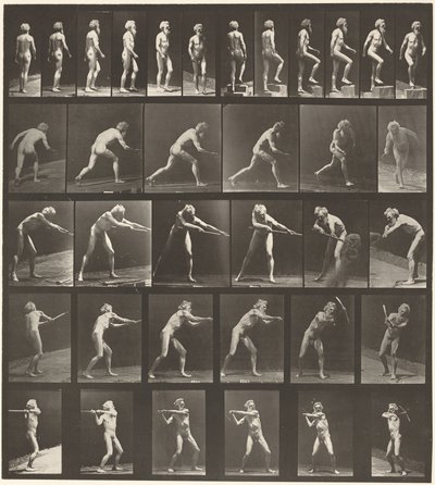 Placa número 521. A: Caminando. B: Subiendo escalón. C: Lanzando disco. D: Usando pala. E, F. Usando pico,1887 (foto) de Eadweard Muybridge