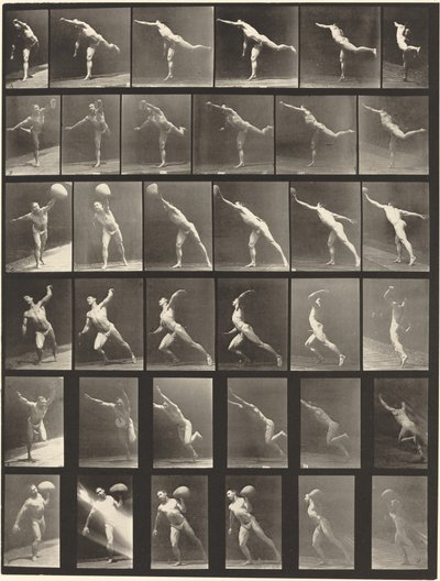 Placa número 523. A: Dando un golpe. B, E: Lanzando disco. C, F: Levantando una piedra de 75 libras. D: Lanzando una pelota de Eadweard Muybridge