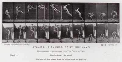 La figura humana en movimiento: Atleta, salto alto con giro corriendo de Eadweard Muybridge