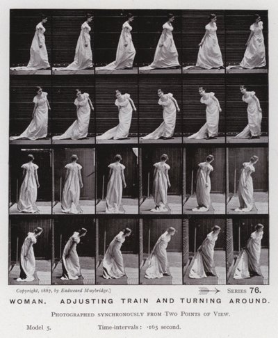 La figura humana en movimiento: Mujer, ajustando el vestido y girando de Eadweard Muybridge