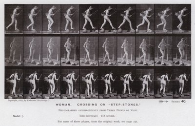 La figura humana en movimiento: Mujer, cruzando sobre "piedras de paso" de Eadweard Muybridge
