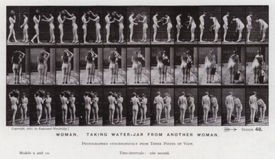 La figura humana en movimiento: Mujer, tomando un jarro de agua de otra mujer de Eadweard Muybridge