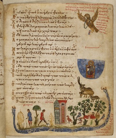 Agregar. 19352, f.36r Eagle enviado por Baruch; escena del jardín, de Theodore Psalter de Eastern Mediterranean School
