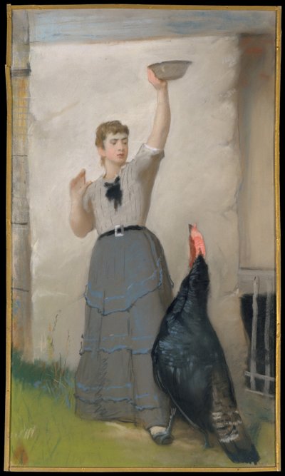 Alimentando al pavo, c.1872-80 (pastel sobre papel tejido, montado en lienzo) de Eastman Johnson