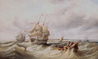 Un Dos Pisos saliendo de puerto con otros buques de guerra anclados en la rada (petróleo) de Ebenezer Colls