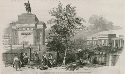 La gran estatua de Wellington y el Arco como aparecería desde Green Park, Piccadilly de Ebenezer Landells