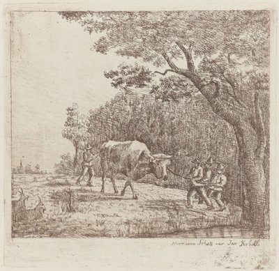 Cuatro hombres y un toro One Wild Bull (título sobre el objeto) de Eberhard Cornelis Rahms