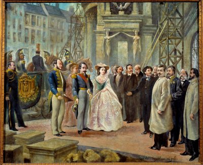 Napoleón III (1808-1873) e Imperatriz Eugenia (1826-1920) visitando las obras de la Ópera Garnier en París de Ed. (after) Gilis