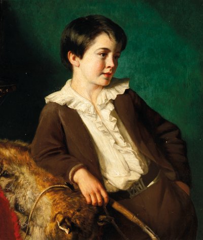 Retrato del maestro John Lethbridge de Tregeare Manor, Launceston, Devon, de tres cuartos de longitud, con un traje marrón sosteniendo un látigo, apoyado en una piel de animal de Eden Upton Eddis