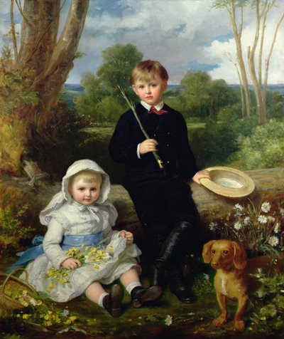 Retrato de un Hermano y una Hermana con su Perro en un Paisaje Boscoso de Eden Upton Eddis