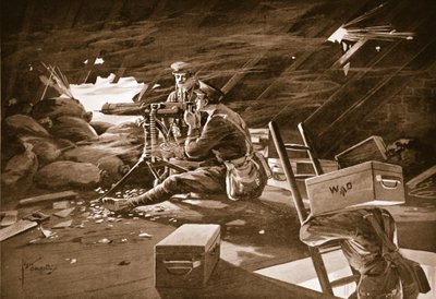 El cabo Windell rompiendo el ataque del enemigo con el fuego de su ametralladora desde el techo de una casa cerca de Neuve Chapelle de Edgar Alfred Holloway