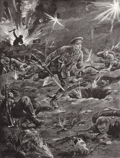 El Teniente Benjamin Geary apresurándose, bajo intenso fuego de artillería, a una trinchera a la derecha de la Colina 60 para ponerse en contacto con un oficial, Ypres, Bélgica, abril de 1915 de Edgar Alfred Holloway