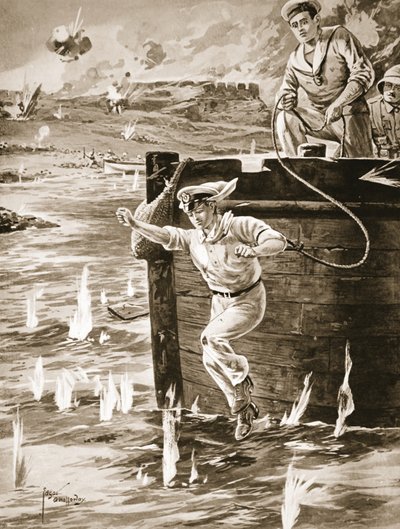 El guardiamarina Malleson saltando con una cuerda desde una barcaza para enlazar otra barcaza que estaba a la deriva de Edgar Alfred Holloway