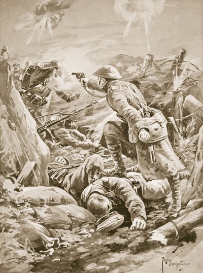 Soldado (Actuando como cabo) L. Clarke, solo, manteniendo a raya a un grupo de alemanes durante un contraataque de Edgar Alfred Holloway